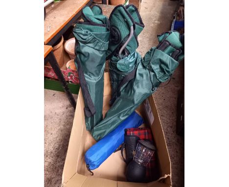 CARTON OF CAMPING EQUIPMENT INCL; FOLDING CHAIRS, WIND UP LIGHTING &amp; GROUND BLANKET