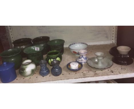 SHELF WITH VARIOUS SMALL VASES MARKED NP NORTH DEVON,  A BLUE POOLE SUGAR JAR &amp; OTHER CHINA