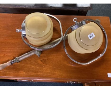 PAIR OF ART DECO STYLE GLASS &amp; CHROME LAMP SHADES &amp; A VINTAGE BRASS BUG SPRAYER