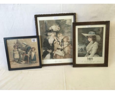 GROUP OF 3 ENGRAVINGS, ONE OLD GEORGIAN PRINT OF THE ''READING LESSON'', THE OTHER TWO COLOURED STIPPLE ENGRAVINGS AFTER REYN