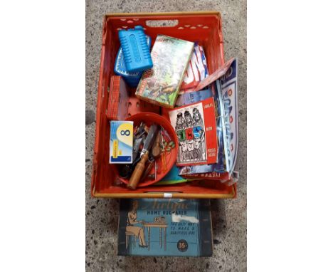 2 PLASTIC CARTONS, MISC TOOLS, FITTINGS, DOWEL JOINERY KIT &amp; A HOME RUG MAKERS KIT