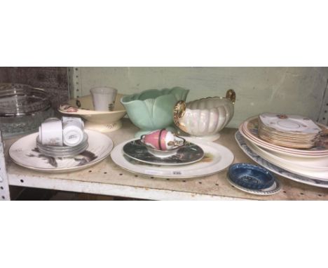 SHELF WITH VARIOUS PLATES, VASES, 1 BY DARTMOUTH OF DEVON, NORITAKI COFFEE CUPS &amp; OTHER CHINAWARE