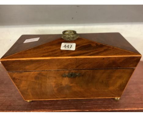 VICTORIAN MAHOGANY SARCOPHAGUS SHAPED TEA CADDY WITH BRASS FEET &amp; FINIAL, NO MIXING BOWL