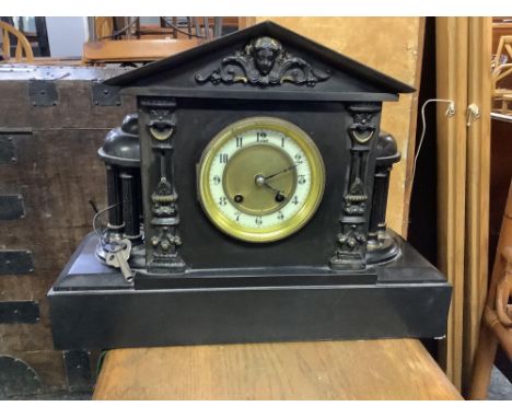 BLACK SLATE, BRASS &amp; ENAMEL FACED STRIKING CLOCK