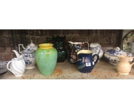 SHELF WITH VARIOUS TEA POTS, JUGS, VASES &amp; A TUREEN