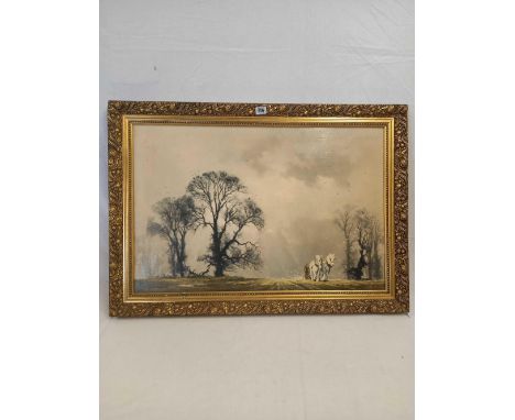 LARGE GILT FRAMED PRINT OF A FARMER PLOUGHING