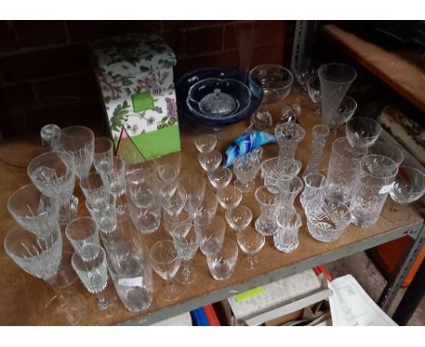 SHELF OF MIXED DRINKING GLASSES MAINLY WINE, SMALL VASES, BLUE DOLPHIN, FRUIT BOWL &amp; CRYSTAL GLASS VASE