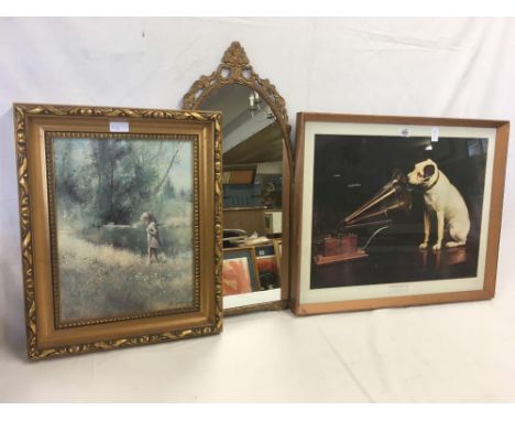 LARGE F/G PRINT OF 'HIS MASTERS VOICE', A GILT FRAMED MIRROR &amp; GILT FRAMED PAINTING OF A LITTLE GIRL BY  RIVER SIGNED A.S