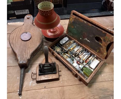 MODERN ADJUSTABLE CANDLE LAMP, WOODEN BELLOWS, PAPER PUNCH &amp; AN ARTIST BOX WITH CONTENTS