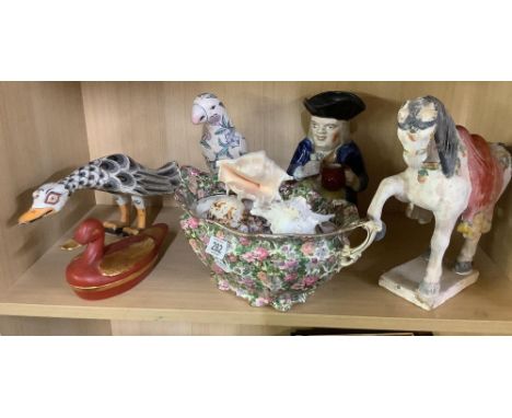 SHELF OF ORNAMENTS, SHELLS ETC