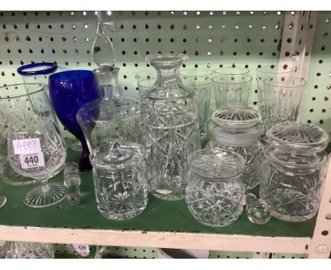 SHELF OF CRYSTAL GLASSWARE, DECANTERS, JUGS &amp; STORAGE JARS