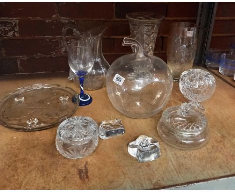 SHELF WITH MISC GLASSWARE INCL; CAKE PLATE, SUGAR BOWL, VASES, JUG &amp; AN APPLE SHAPED SWEET JAR, GLASS ROLLING PIN,2 COMME