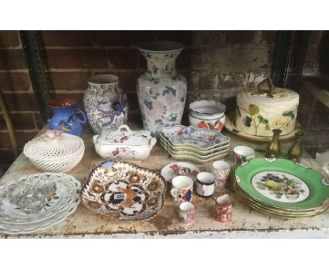 SHELF WITH VARIOUS CHINAWARE INCL; VASES, CHEESE DISH WITH SMALL CHIP, VARIOUS PLATES &amp; NIBBLE DISHES