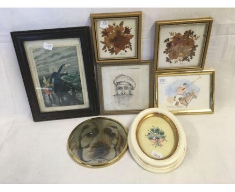 SEVEN FRAMED MINIATURE PICTURES INCL WATERCOLOUR OF A POLO PLAYER SIGNED MARION BALL. OVAL TAPESTRY OF FLOWERS, PORTRAIT OF A