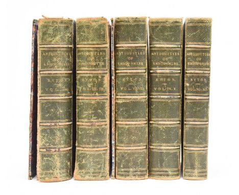 EYTON, Rev R W, Antiquities of Shropshire, 10 volumes only bound in 5, 1854-60. Lacks vols 5 and 6. Half green morocco over w