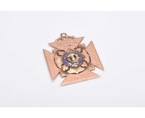 Edward VII yellow metal and blue enamel Maltese cross engraved "Royal Antediluvian Order of Buffaloes" "Order of Merit and Ho