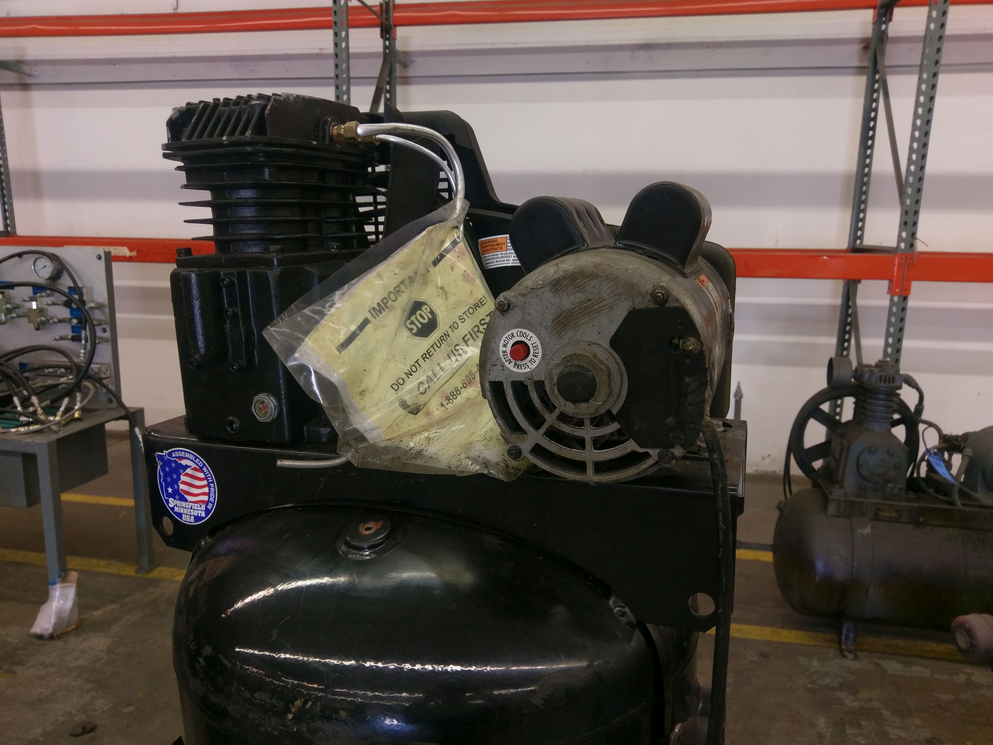 3.7 HP SANBORN 60 GALLON VERTICAL AIR COMPRESSOR, 230 VOLT, SINGLE PHASE **LOCATED 3201 ALBERTA S