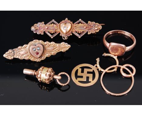 Assorted principally 9ct and 15ct gold jewellery to include; signet ring, diamond set sweetheart bar brooch, seed pearl and r