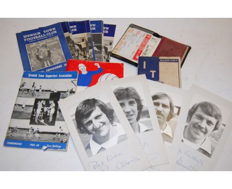 Ipswich Town ephemera to include programmes from the 1960s, signed photographs from legends including Roger Osborne, old tick