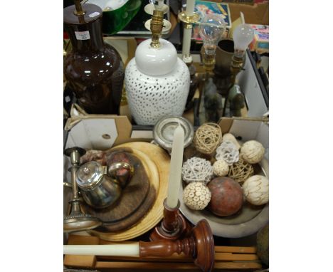 Two boxes of miscellaneous items to include pair of table lamps each surmounted by a carved soapstone horse, brass desk light