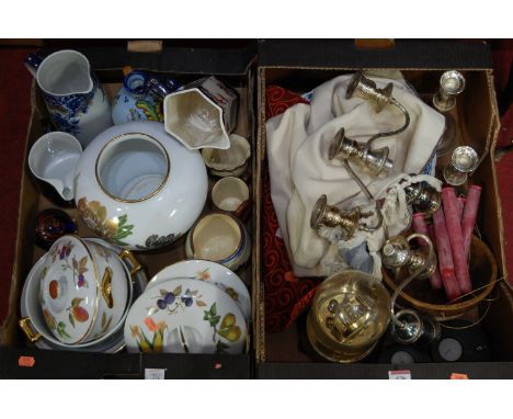 Two boxes of miscellaneous items to include Royal Worcester Evesham ware, Japanese vase, anniversary clock, silver plated can