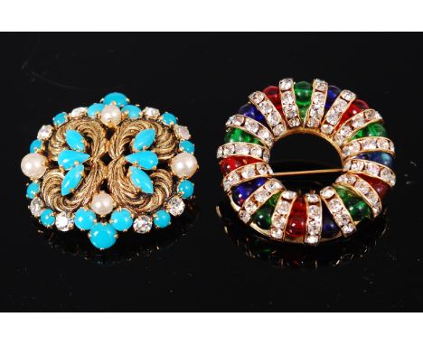 A 1960s Christian Dior paste set brooch, with faux turquoise and pearls; and one other paste set ring brooch (2)    Condition