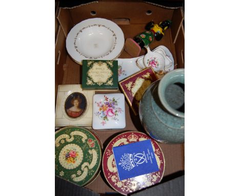 A box of miscellaneous to include a boxed Royal Crown Derby butter dish and knife, reproduction portrait miniature, crackle g