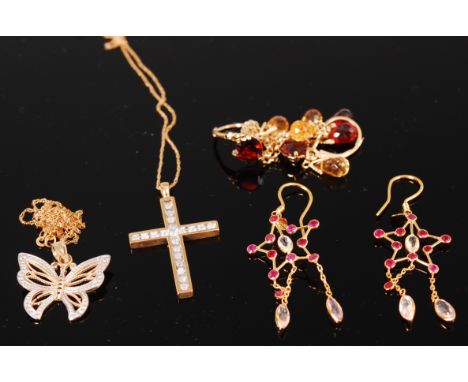 Assorted modern pendants and ear pendants to include; pair of 18ct gold ruby and white sapphire examples, diamond set cross p