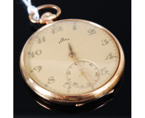 A Tellus 14ct gold cased open face fob watch, having signed dial, subsidiary seconds dial, engine turned back cover, and keyl