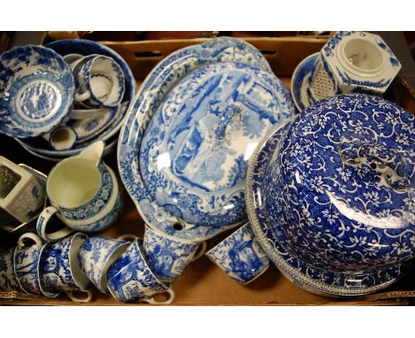 A box of miscellaneous transfer decorated blue and white china to include Spode Italian tureen and cover, Victorian cheese do