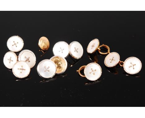 A pair of gents 9ct gold and platinum mother of pearl set cufflinks; matching larger pair in 18ct gold; four matching 9ct gol