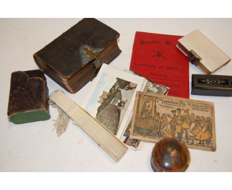 Mixed lot to include; papier-mâché snuff-box, ephemera, boxed Parker pen, steel barrel corkscrew etc    Condition Report / Ex