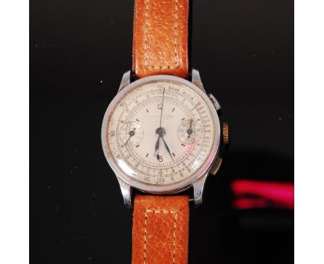 A circa 1960s gents steel chronometer wristwatch, the silvered dial indistinctly signed, having twin subsidiary dials, manual
