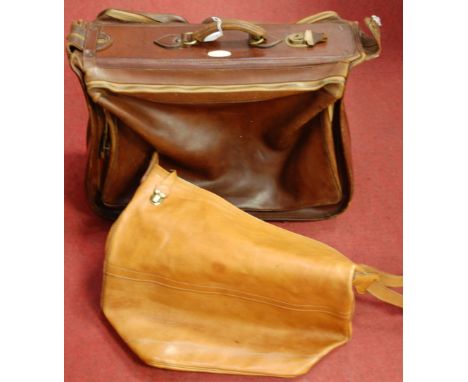 A mid-20th century gentlemans brown leather case, bearing ivorine label 'Travel Light', patent No.623407; together with one o