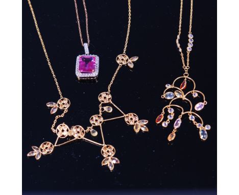 A modern 18ct gold fancy sapphire set pendant on neck chain; together with a pink sapphire set pendant on finelink neck chain