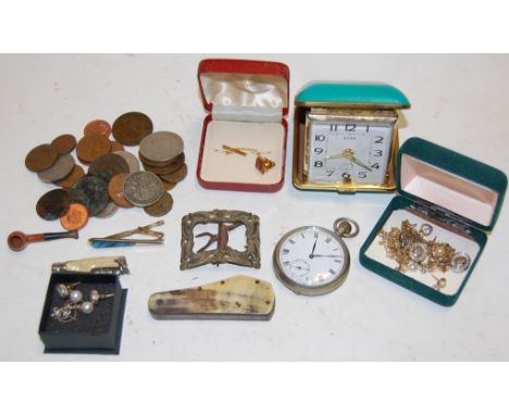 A collection of miscellaneous items to include early 20th century nickel cased open faced pocket watch having enamel dial wit