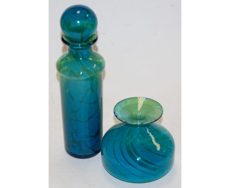 A Mdina blue glass decanter and stopper, signed verso, h.30cm; together with a similar squat vase (2)