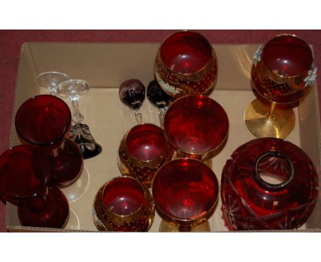 A box of miscellaneous glassware to include; ruby overlaid and etched glass lampshade, Bohemian style goblets etc 
