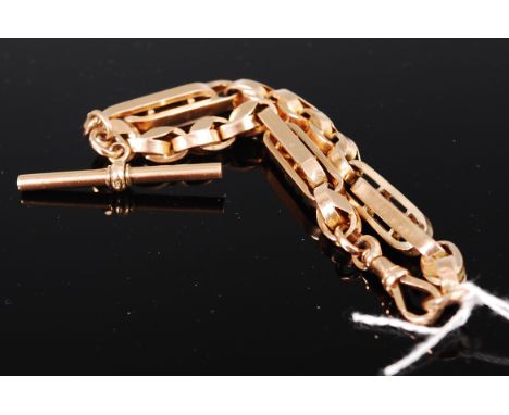 A circa 1900 9ct gold watch chain, with T bar (converted into bracelet)   Condition Report / Extra Information  21g.