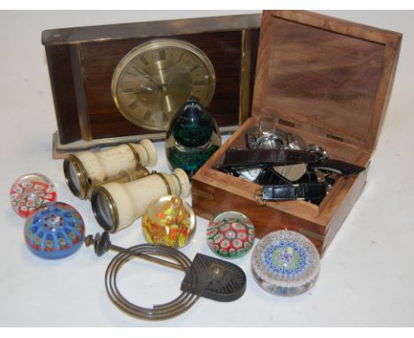 Mixed lot to include; teak box, sundry fashion watches, mantel clock, binoculars, glass paperweights etc 