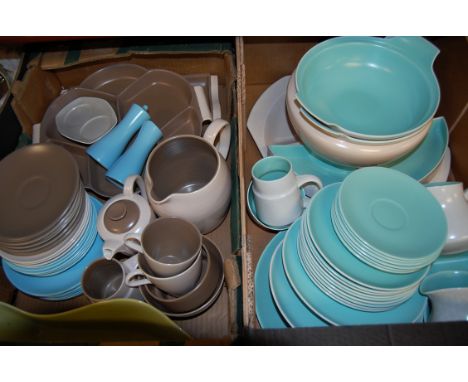 Two boxes of Poole pottery two-tone tablewares 