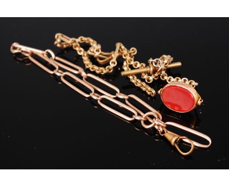 A 9ct gold bloodstone and agate set swivel fob pendant, on gilt metal watch chain; together with a 15ct gold short watch chai