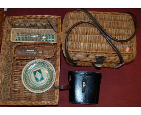 A pair of Tecnar by Swift 16x50 binoculars, cased; together with a wicker picnic hamper and wicker creel (3)