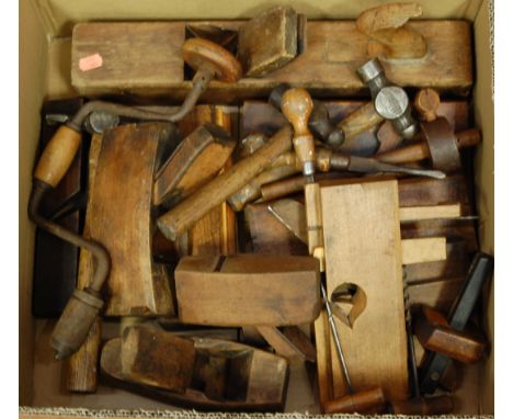 A box of assorted 19th century and later hand tools, to include; moulding planes, marking gauge, brace etc 