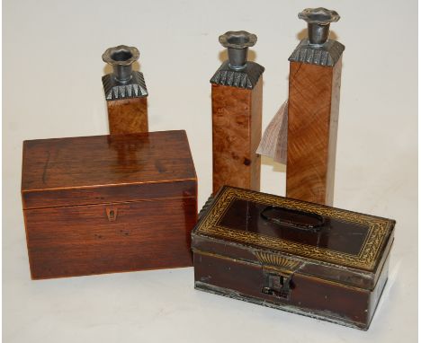 An early 19th century mahogany and boxwood strung tea caddy, of plain rectangular form; together with three burr maple and st