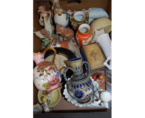 A box of miscellaneous china to include; Doulton Lambeth twin handled vase (a/f), Japanese Katani vase, Spode figure of Olivi