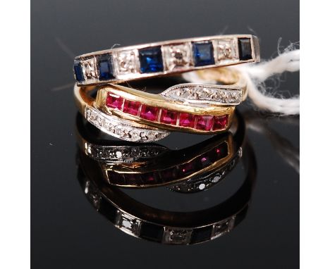 A 14ct gold, ruby and diamond dress ring, arranged as seven baguette cut and channel set rubies, flanked to either side with 