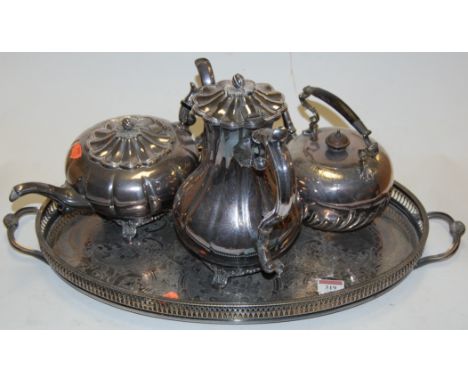 A collection of miscellaneous silver plated wares to include Victorian four piece tea/coffee service, twin handled gallery tr