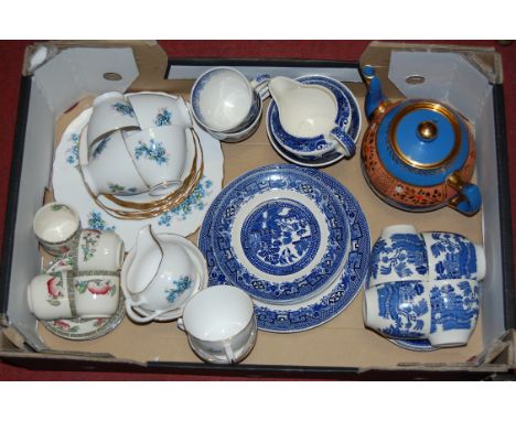 A box of miscellaneous china to include; Royal Vale part tea service, Indian Tree pattern part tea service, Torquay ware teap