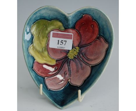 A modern Moorcroft heart shaped  trinket dish, in the Clematis pattern, having typical tube-lined decoration, impressed Moorc